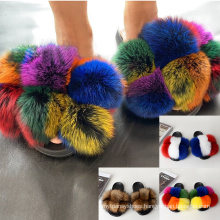 Designer Custom Logo Ball Bearing Multi Color Women Racoon Pink Rex Rabbit Rainbow Pom Pom Fox Fur Ball Slide Slipper